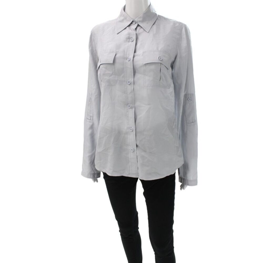 Go Silk Women Collared 100% Silk Button-Up Long Sleeve Gray Size S